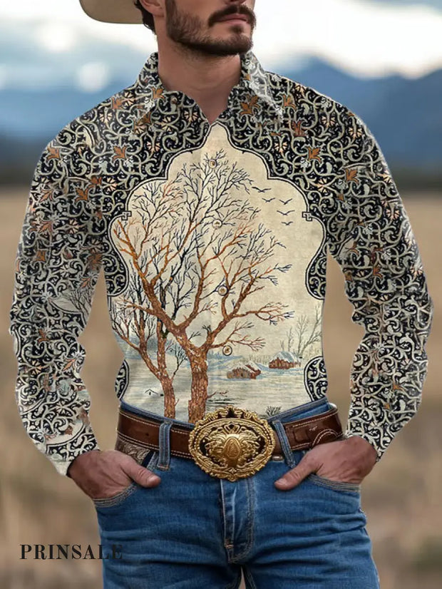 Men’s Outdoor Vintage Western Ethnic Abstract Tree Design Pattern Casual Cotton Long Sleeve Shirt