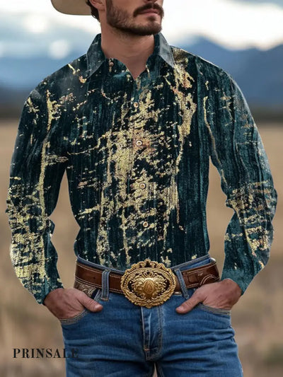 Men’s Outdoor Vintage Western Ethnic Stamped Ripple Pattern Casual Cotton Long Sleeve Shirt Green