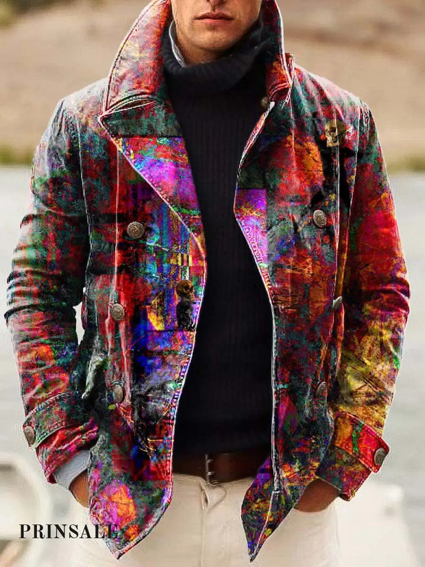 Men’s Premium Abstract Art Oil Painting Digitally Printed Double-Breasted Jacket Flower Color / S