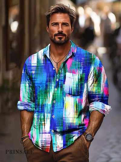 Men’s Premium Abstract Color Print Casual Long-Sleeved Shirt Blue / S