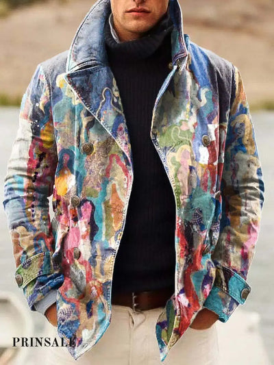 Men’s Premium Abstract Fashion Modern Art Digital Print Double-Breasted Jacket Flower Color / S