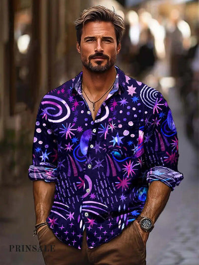 Men’s Premium Purple Starry Sky Print Casual Long-Sleeved Shirt Deep Purple / S