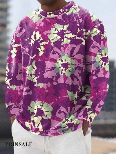 Men’s Purple Flowers Classic Fashion Digital Print Crew Neck Long Sleeve Sweatshirt Rose Purple / S