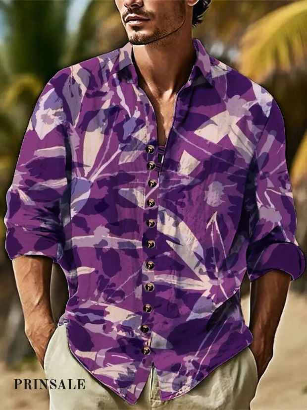 Men’s Purple Leaf Silhouette Cotton Summer Casual Beach Shirt Long Sleeve / S