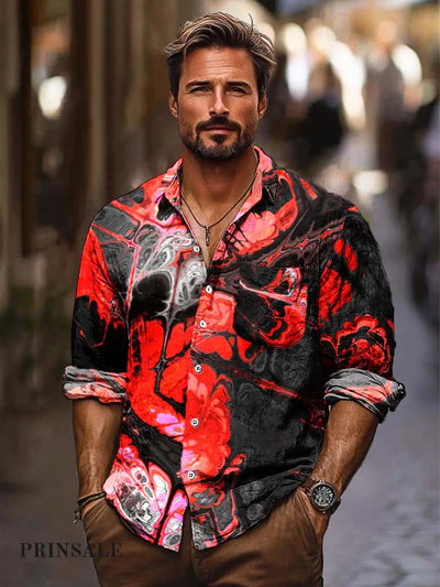 Men’s Red Abstract Texture Art Print Long Sleeve Lapel Shirt Red / S