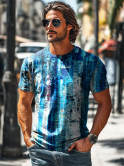 Men’s Retro Abstract Blue Line Print Casual Short Sleeve T-Shirt