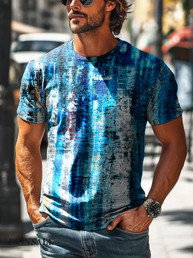 Men’s Retro Abstract Blue Line Print Casual Short Sleeve T-Shirt Colorful / S