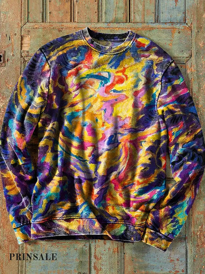 Men’s Retro Abstract Color Line Graffiti Art Print Cotton Crew Neck Sweatshirt Colorful / S