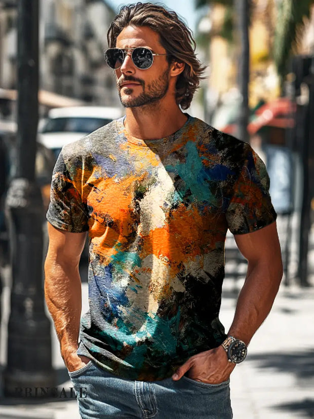 Men’s Retro Abstract Color Pigment Print Casual Short Sleeve T-Shirt