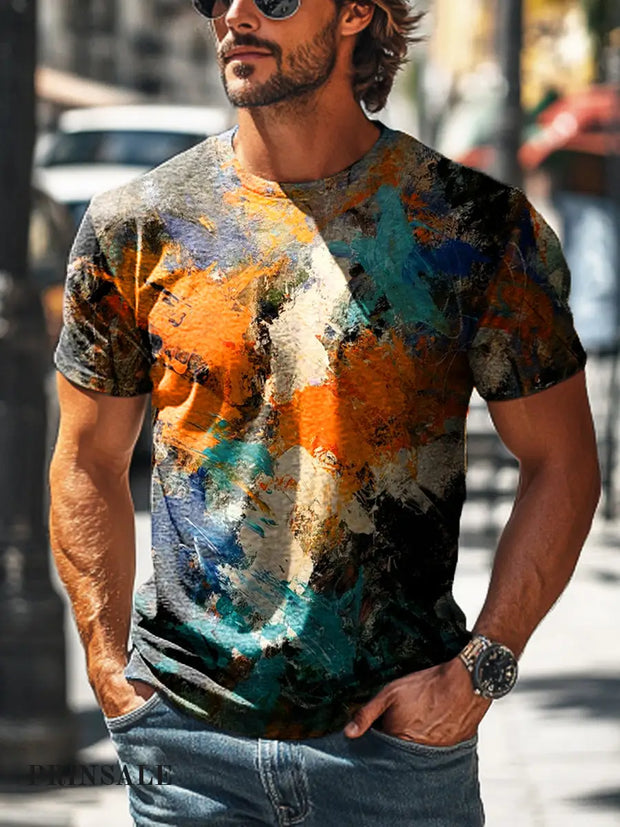 Men’s Retro Abstract Color Pigment Print Casual Short Sleeve T-Shirt Colorful / S