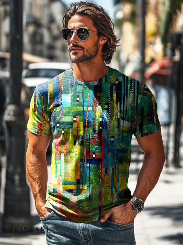 Men’s Retro Abstract Colorful Geometric Art Print Casual T-Shirt