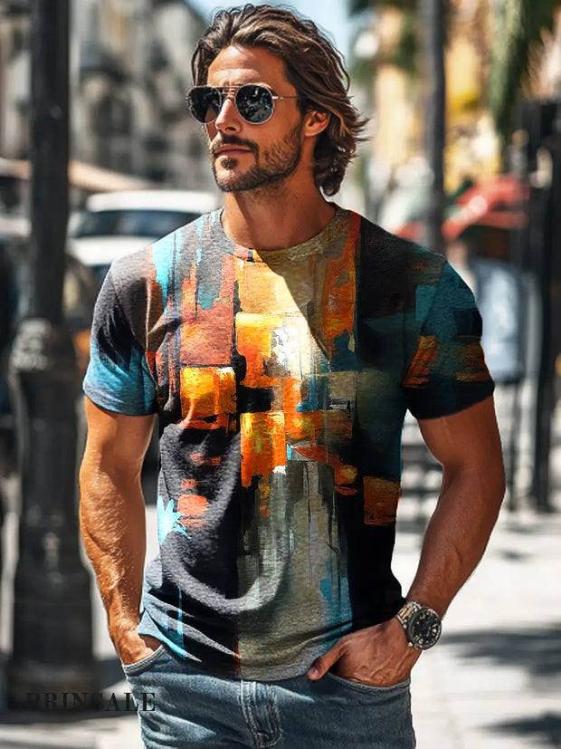 Men’s Retro Abstract Colorful Geometric Print Casual Short Sleeve T-Shirt
