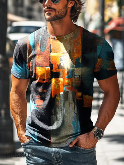Men’s Retro Abstract Colorful Geometric Print Casual Short Sleeve T-Shirt Colorful / S
