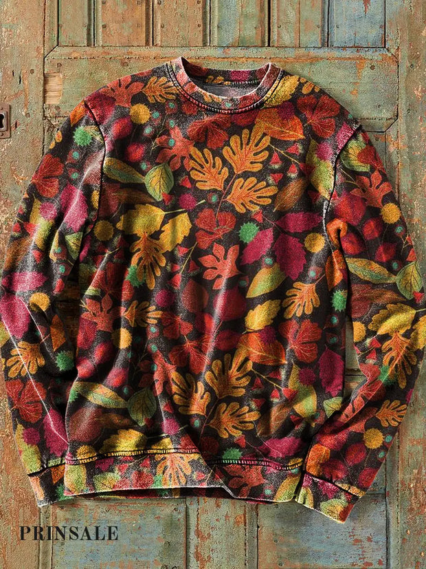 Men’s Retro Abstract Colorful Leaf Art Print Cotton Crew Neck Sweatshirt / S