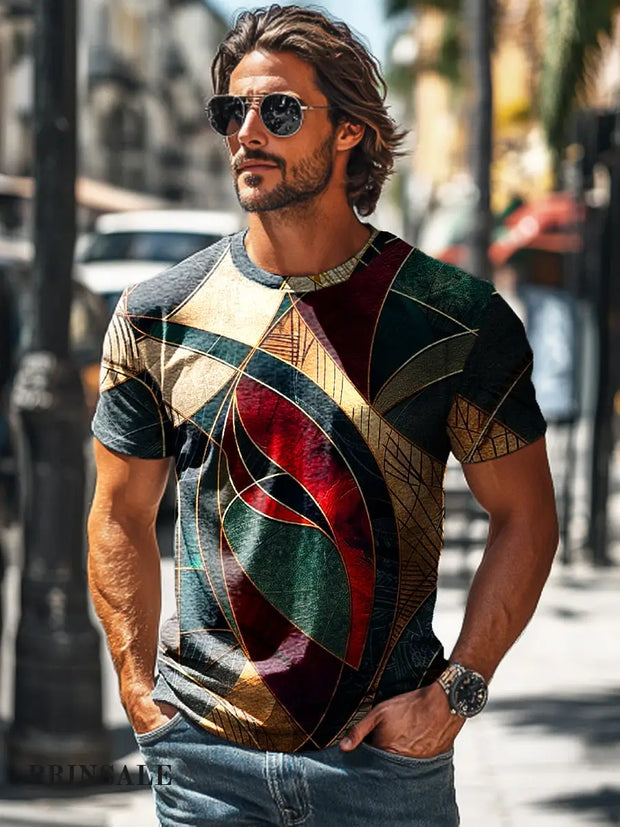 Men’s Retro Abstract Colorful Line Geometric Print Casual T-Shirt