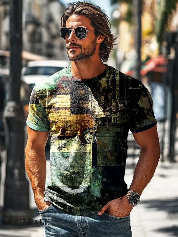 Men’s Retro Abstract Geometric Art Print Casual Short Sleeve T-Shirt