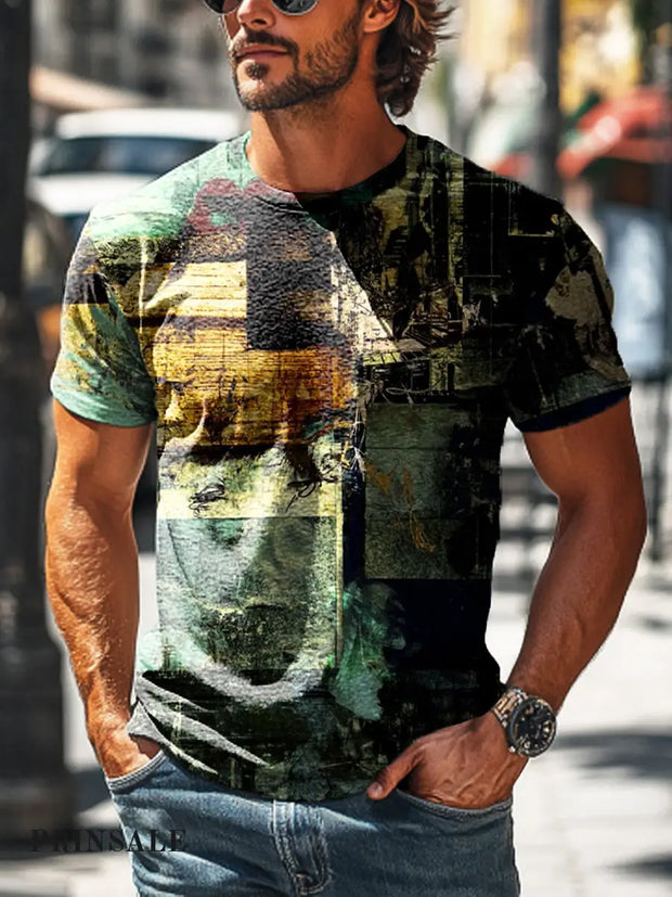 Men’s Retro Abstract Geometric Art Print Casual Short Sleeve T-Shirt Colorful / S