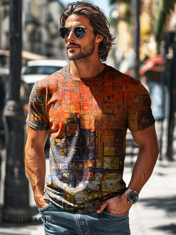 Men’s Retro Abstract Geometric Art Print Casual T-Shirt