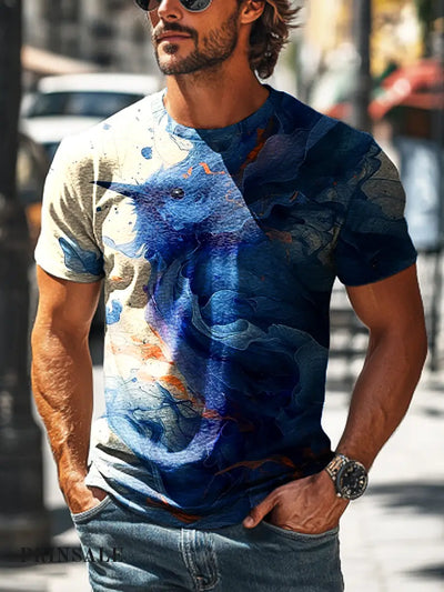 Men’s Retro Abstract Ink Bird Print Casual Short Sleeve T-Shirt Colorful / S