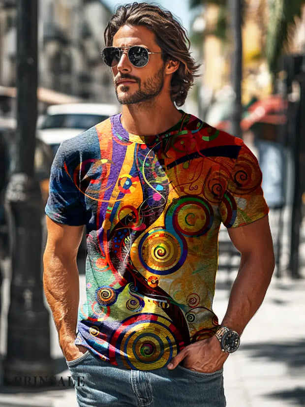 Men’s Retro Abstract Line Geometric Art Print Casual T-Shirt