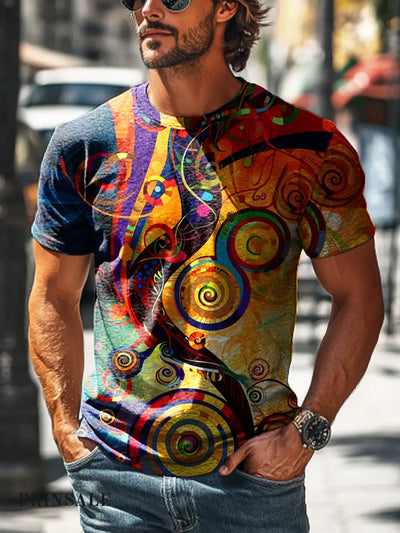 Men’s Retro Abstract Line Geometric Art Print Casual T-Shirt Colorful / S