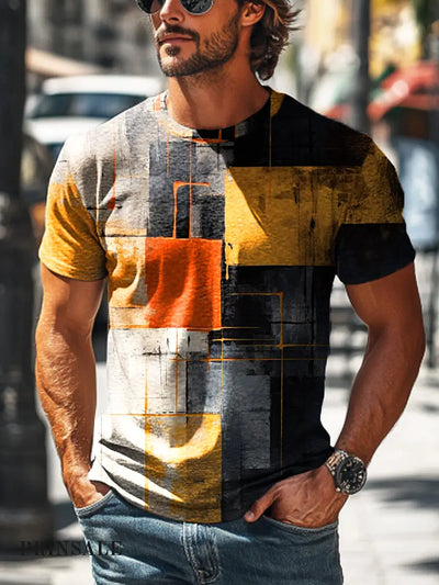 Men’s Retro Abstract Line Geometric Print Casual Short Sleeve T-Shirt Colorful / S