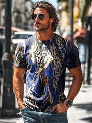 Men’s Retro Abstract Line Leopard Print Casual Short Sleeve T-Shirt
