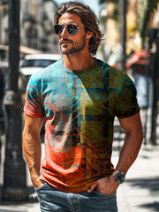 Men’s Retro Abstract Line Plaid Print Casual Short Sleeve T-Shirt
