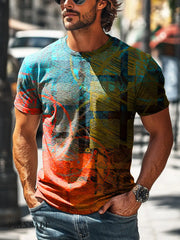 Men’s Retro Abstract Line Plaid Print Casual Short Sleeve T-Shirt Colorful / S