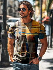 Men’s Retro Abstract Multicolor Line Print Casual Short Sleeve T-Shirt