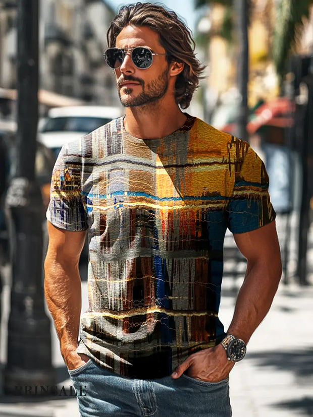 Men’s Retro Abstract Multicolor Line Print Casual Short Sleeve T-Shirt