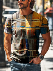 Men’s Retro Abstract Multicolor Line Print Casual Short Sleeve T-Shirt Colorful / S
