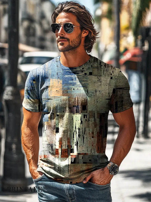 Men’s Retro Abstract Old Geometric Print Casual Short Sleeve T-Shirt