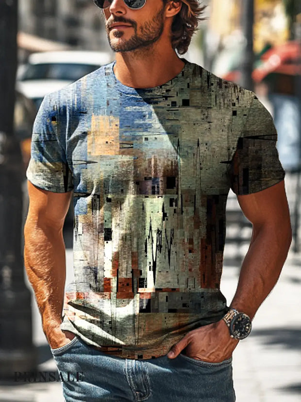 Men’s Retro Abstract Old Geometric Print Casual Short Sleeve T-Shirt Colorful / S