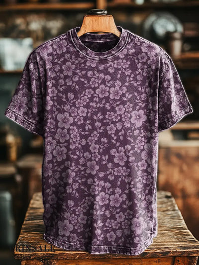 Men’s Retro Abstract Purple Floral Print Casual Short Sleeve T-Shirt Colorful / S