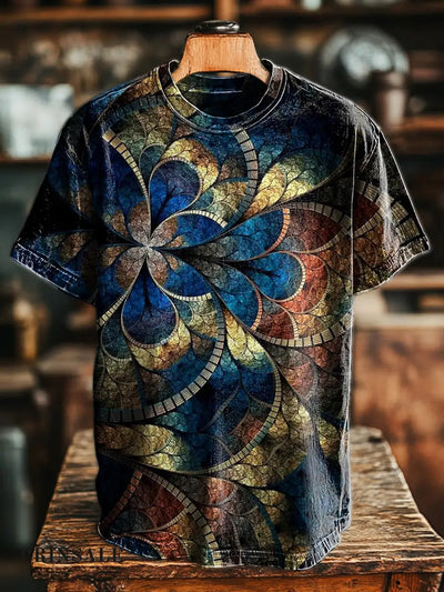 Men’s Retro Aged Geometric Floral Print Casual Short Sleeve T-Shirt Colorful / S