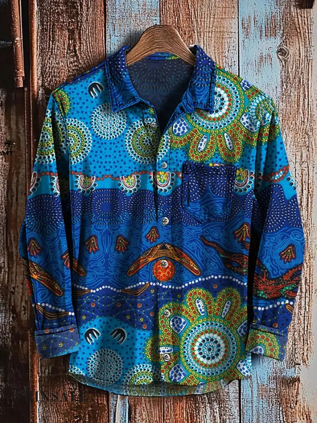 Men’s Retro Art Print Casual Long Sleeve Shirt