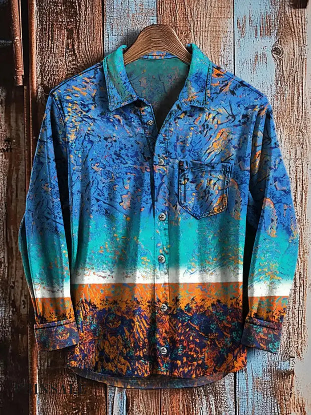 Men’s Retro Art Print Casual Long Sleeve Shirt