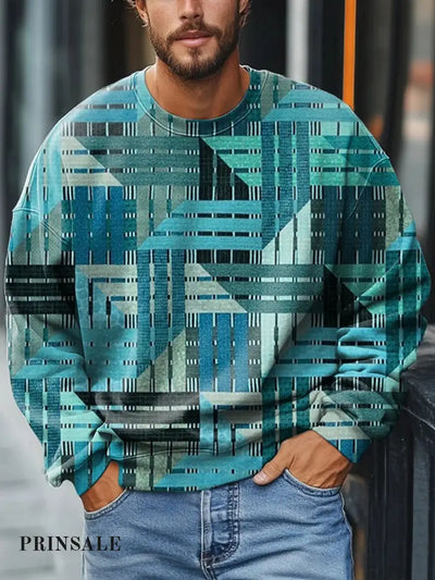 Men’s Retro Blue Diagonal Stripe Layered Texture Stacked Print Casual Sweatshirt