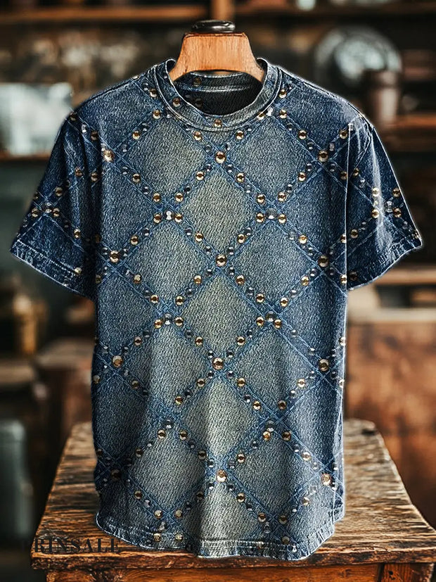 Men’s Retro Blue Gradient Geometric Print Casual Short Sleeve T-Shirt Colorful / S