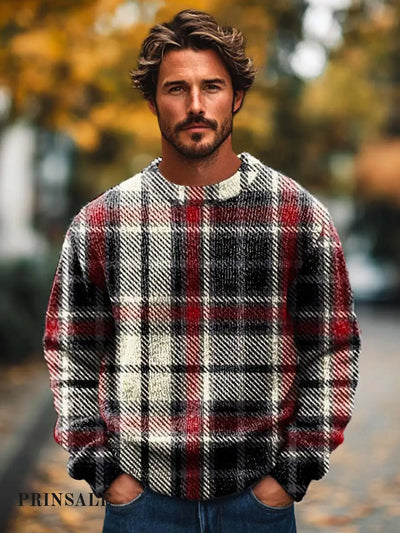 Men’s Retro British Plaid Printed Knitted Long Sleeved Round Neck Sweater Flower Color / S