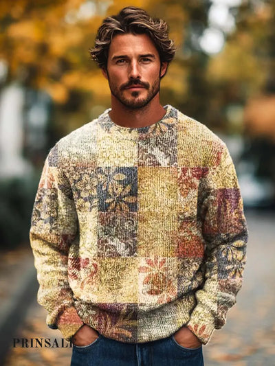 Men’s Retro Chic Temperament Art Print Long Sleeve Crew Neck Sweater Flower Color / S