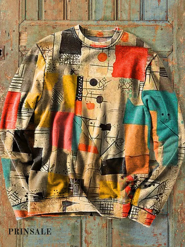 Men’s Retro Classic Colorful Geometric Line Art Print Crew Neck Sweatshirt / S