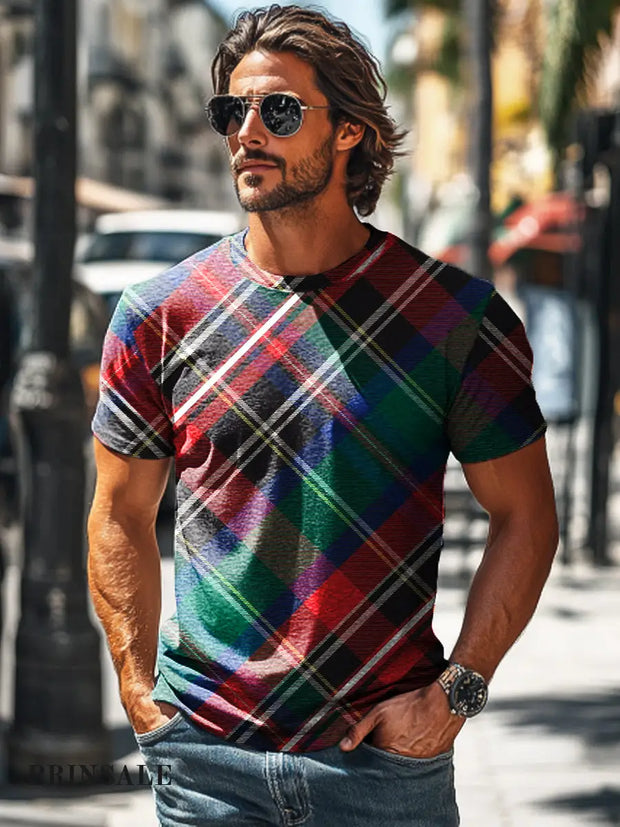Men’s Retro Colorful Abstract Check Art Print Casual Short Sleeve T-Shirt