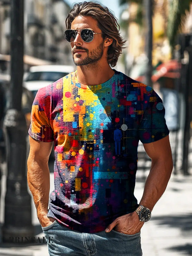 Men’s Retro Colorful Abstract Geometric Print Casual T-Shirt