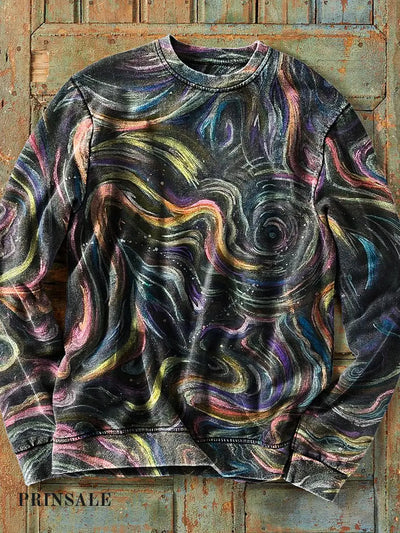 Men’s Retro Colorful Abstract Line Art Print Cotton Crew Neck Sweatshirt / S