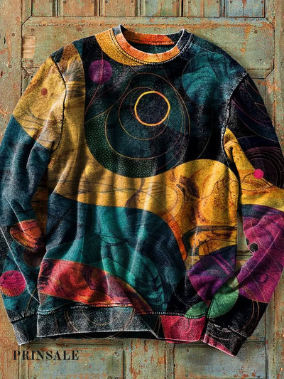 Men’s Retro Colorful Abstract Line Ripple Art Print Cotton Crew Neck Sweatshirt / S