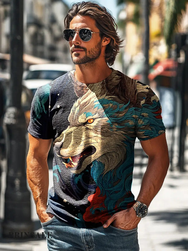Men’s Retro Colorful Abstract Wolf Print Casual Short Sleeve T-Shirt