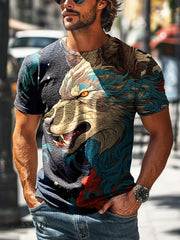Men’s Retro Colorful Abstract Wolf Print Casual Short Sleeve T-Shirt Colorful / S
