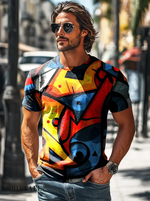 Men’s Retro Colorful Geometric Print Casual Short Sleeve T-Shirt
